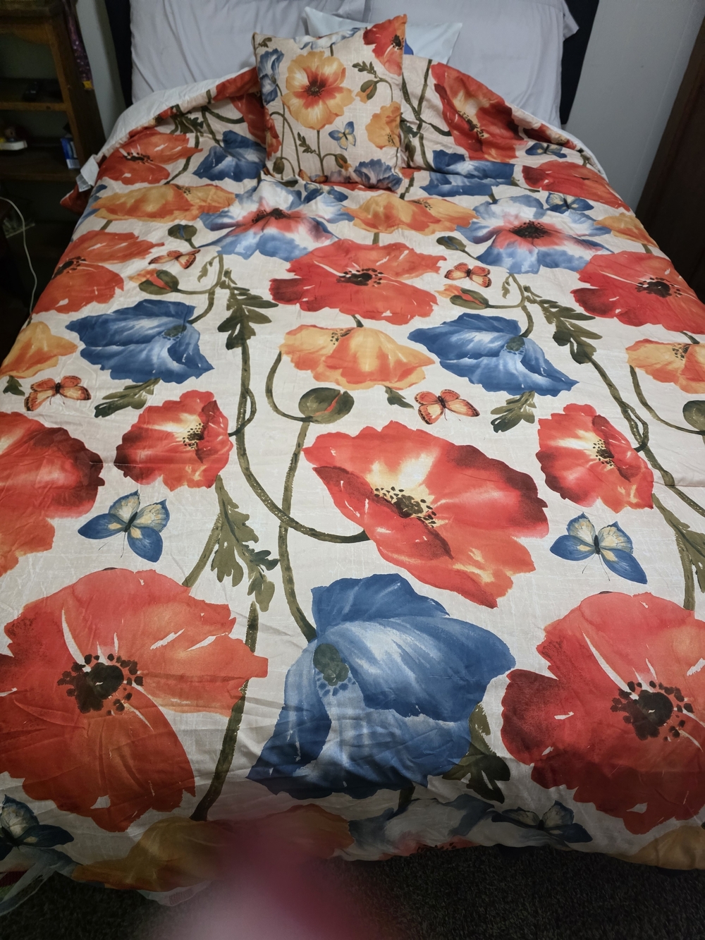 Queen Comforter Red Blue Yellow Floral Poppy With Accent Pillow
